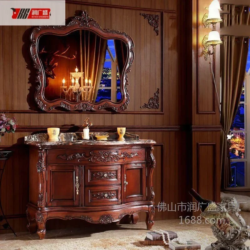 Red Oak Solid Wood Bathroom Vanity with Marble Top European Style Wash Basin Cabinet Combo for Modern Bathrooms