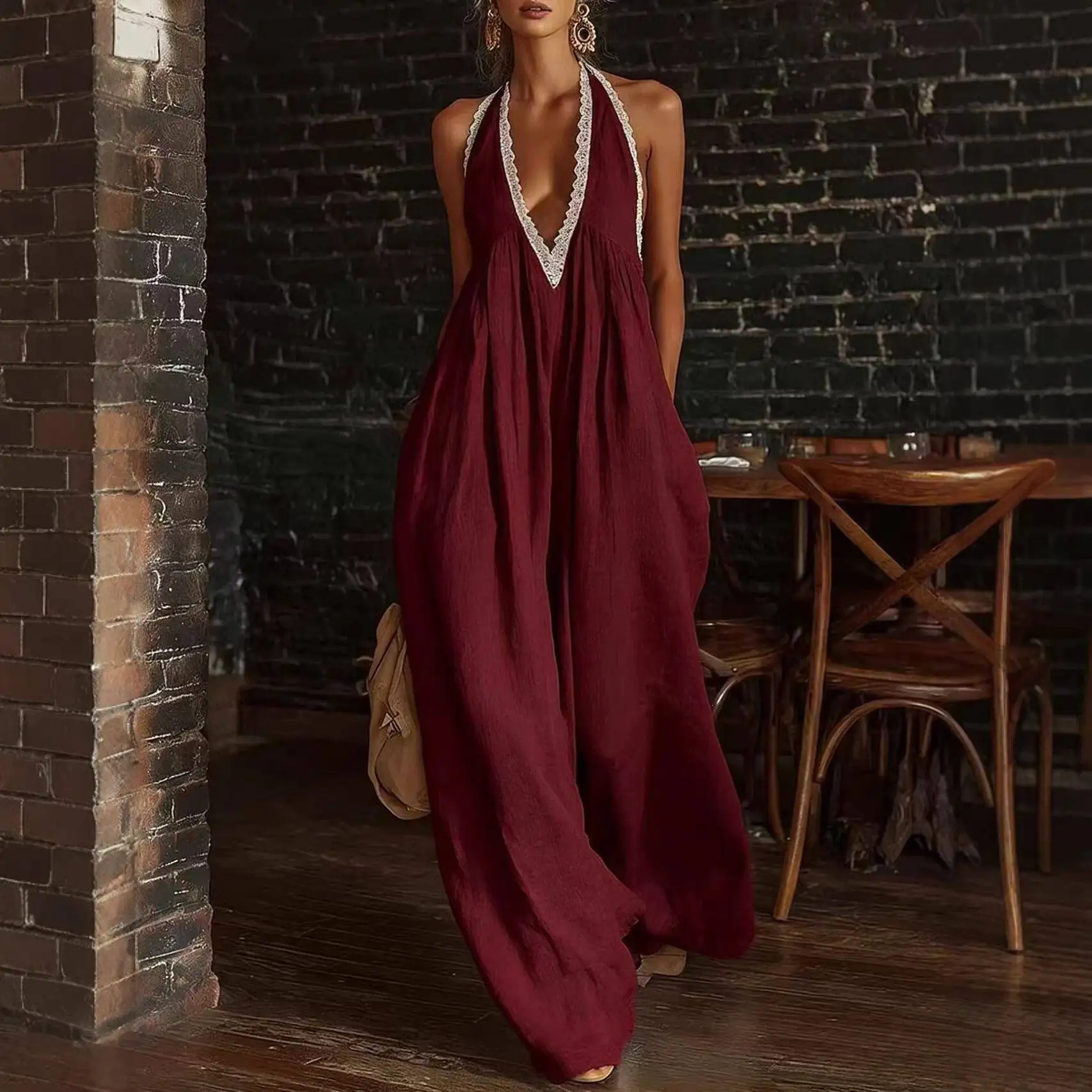 

Casual Comfortable Lace Trimmed Loose Linen Romper Spring 2026 Women's Fashion Cross-Border Clothing mid Waist Long Pants