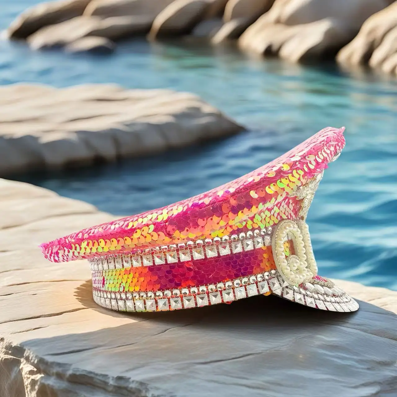 HongLuan Yellow Laser Leather Loop Captain Hat Rhinestone & Military Caps for Woman, Rave Festivals Accessories ＆ Party Cap Man