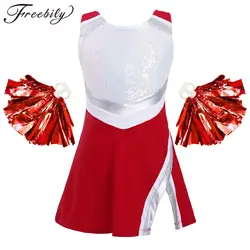 Kids Girls Cheerleading Uniforms Cosplay Cheerleader CostumesSports Dress + Flower Ball Set for Dancing Competition Dancewear