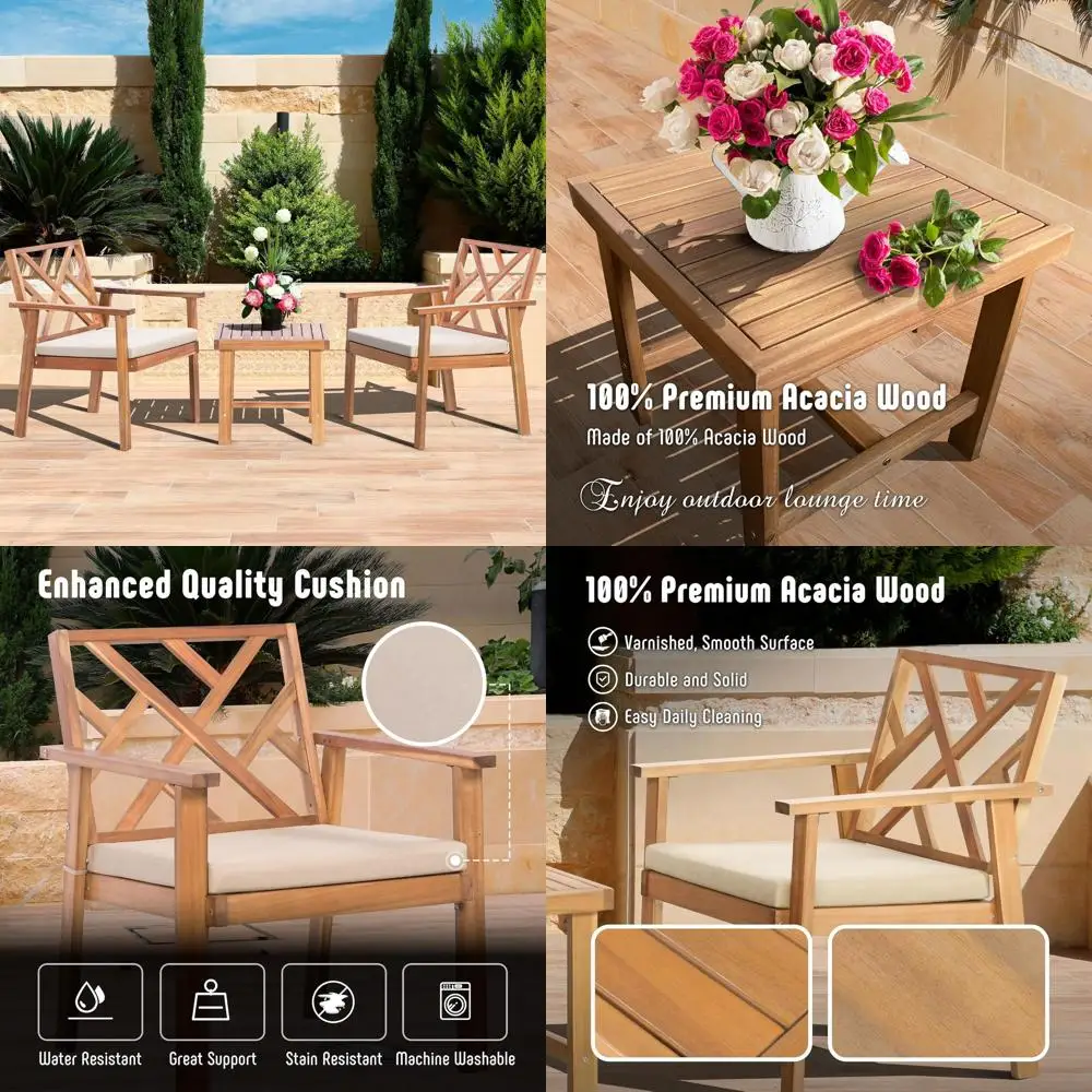 3-Piece Wooden Patio Furniture Set with Cushioned Chairs and Coffee Table for Outdoor Relaxation