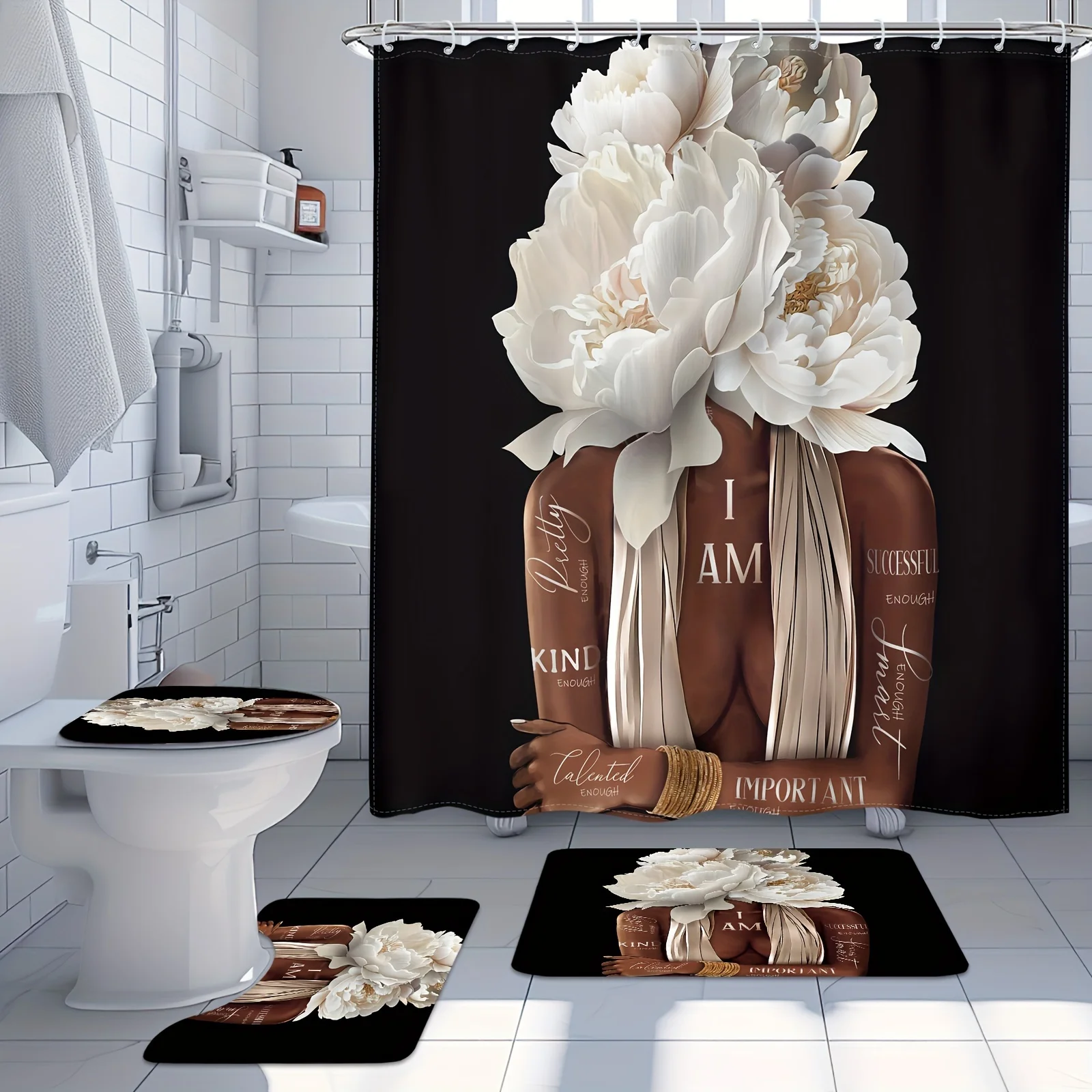 Cozy Cabin Bathroom Four-Piece Set - Rustic Waterproof Shower Curtain for a Complete Bathroom Set