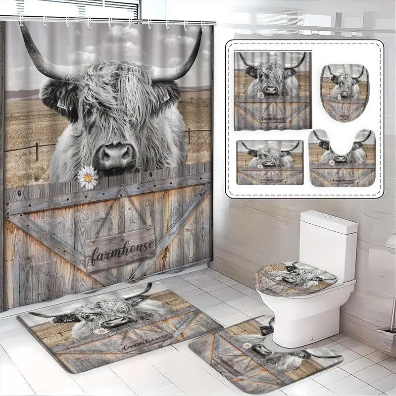 1/3/4Pcs Creative Scottish Highland Cow, Featuring Country-Style Elements, Fluffy Fur, and Large Horns, with a Pastoral/Farm Scenery Pattern as the Background, Bathroom Shower Curtain Set, Available in Two Sizes, Includes 12 Hooks, Toilet Seat Cover, and Floor Mat, Polyester Waterproof Shower Curtain, a Must-Have for Home Decor, Ideal Holiday Gift for Friends and Family