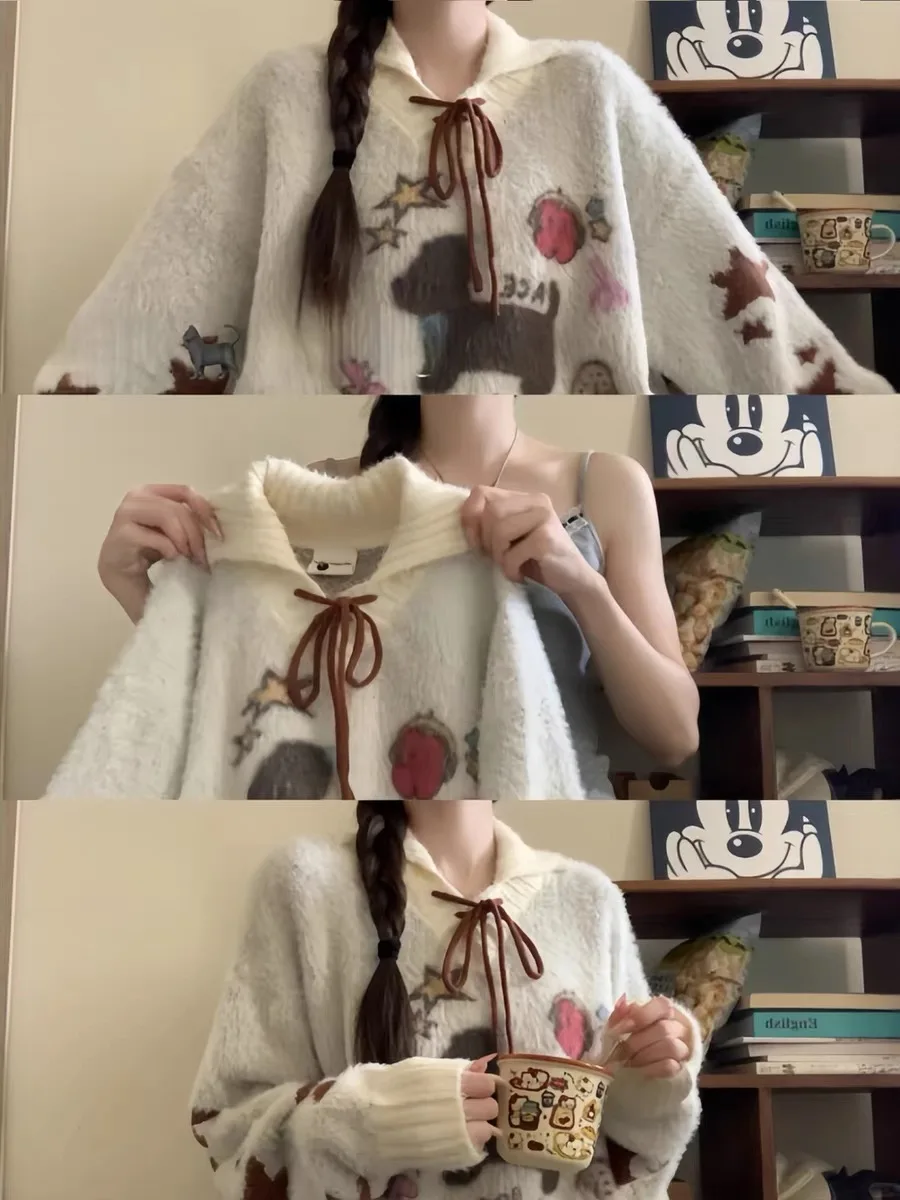 

Milk White Cartoon Dog Knitted Sweater Women's Early Autumn Lazy Sle Beautiful Top Long Sve Crew Ne Knitwear