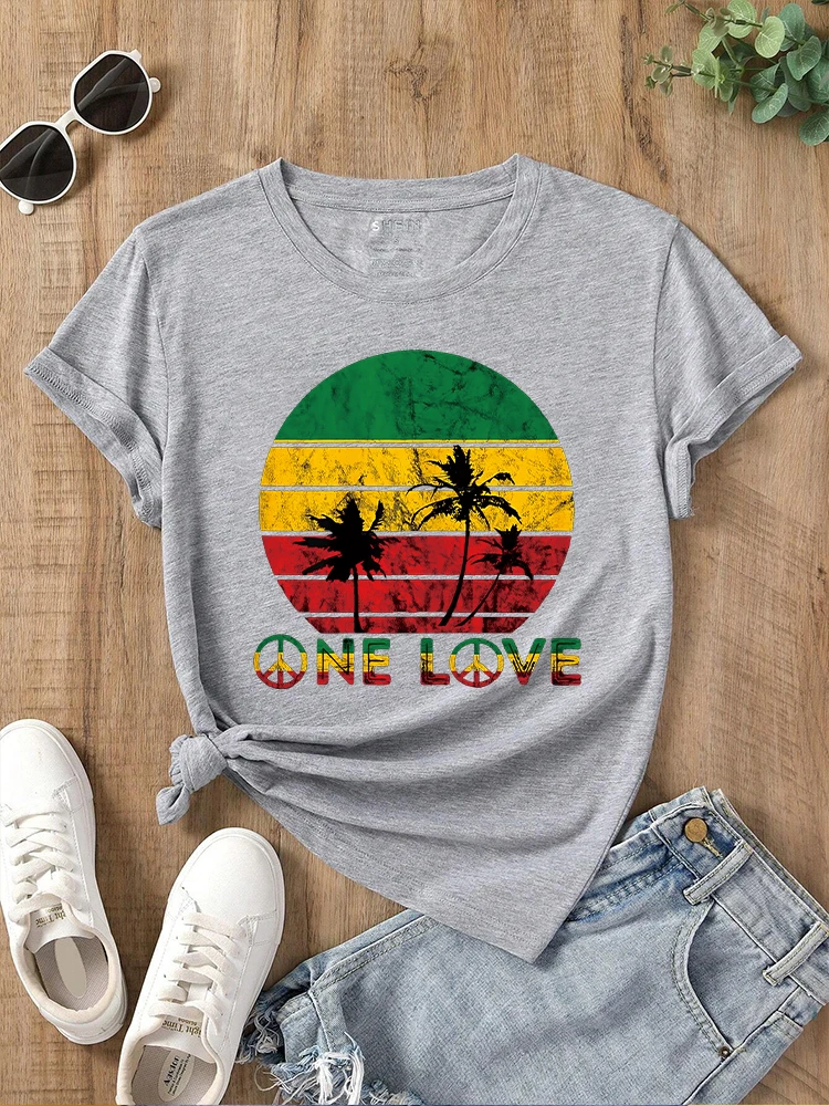 2024 New Rasta Reggae One Love Retro Vintage Sunset Jamaica Vacation T-shirt Women\'s Round Neck Short Sleeved Top