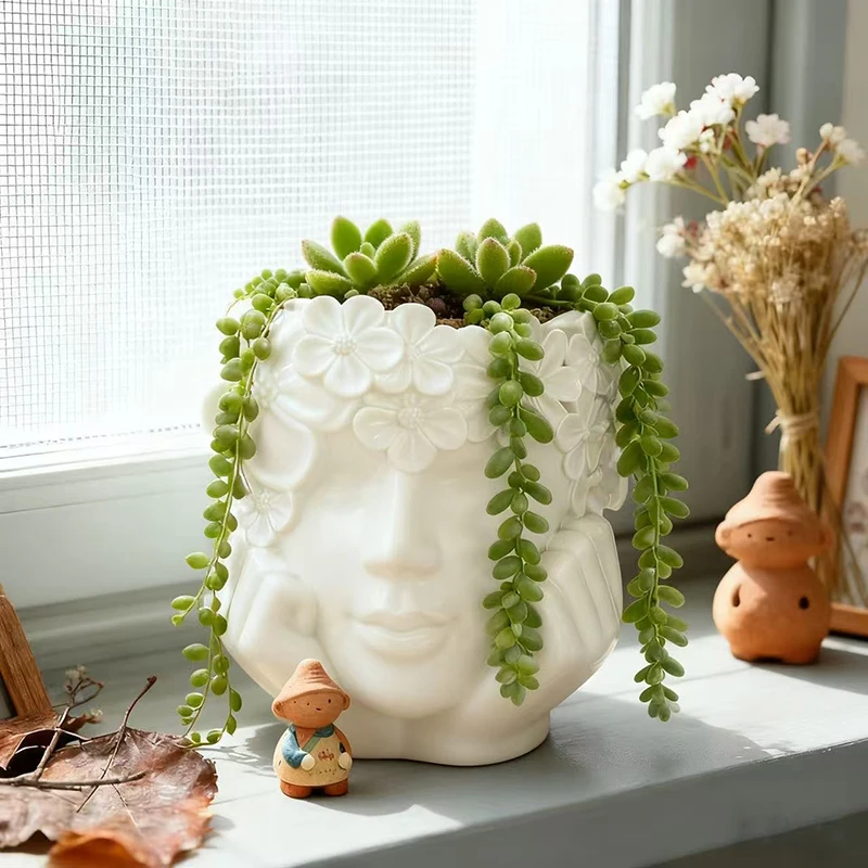 Beautiful Flower Holding Face Girl Flowerpot Green Plants Flower Pot Home Courtyard Garden Decoration Resin Handicrafts Ornament