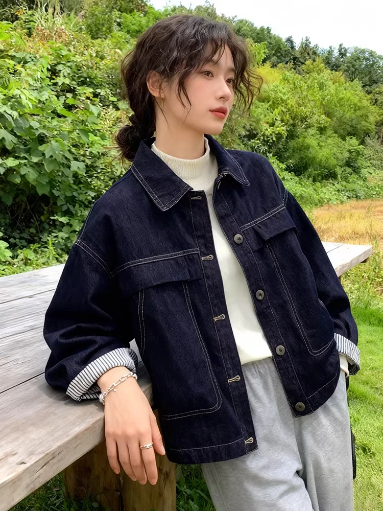 

Retro Casual Denim Jaet Women's Loose ort Sle Autumn Winter Faionable Top Button Closure Color Ladies Coat