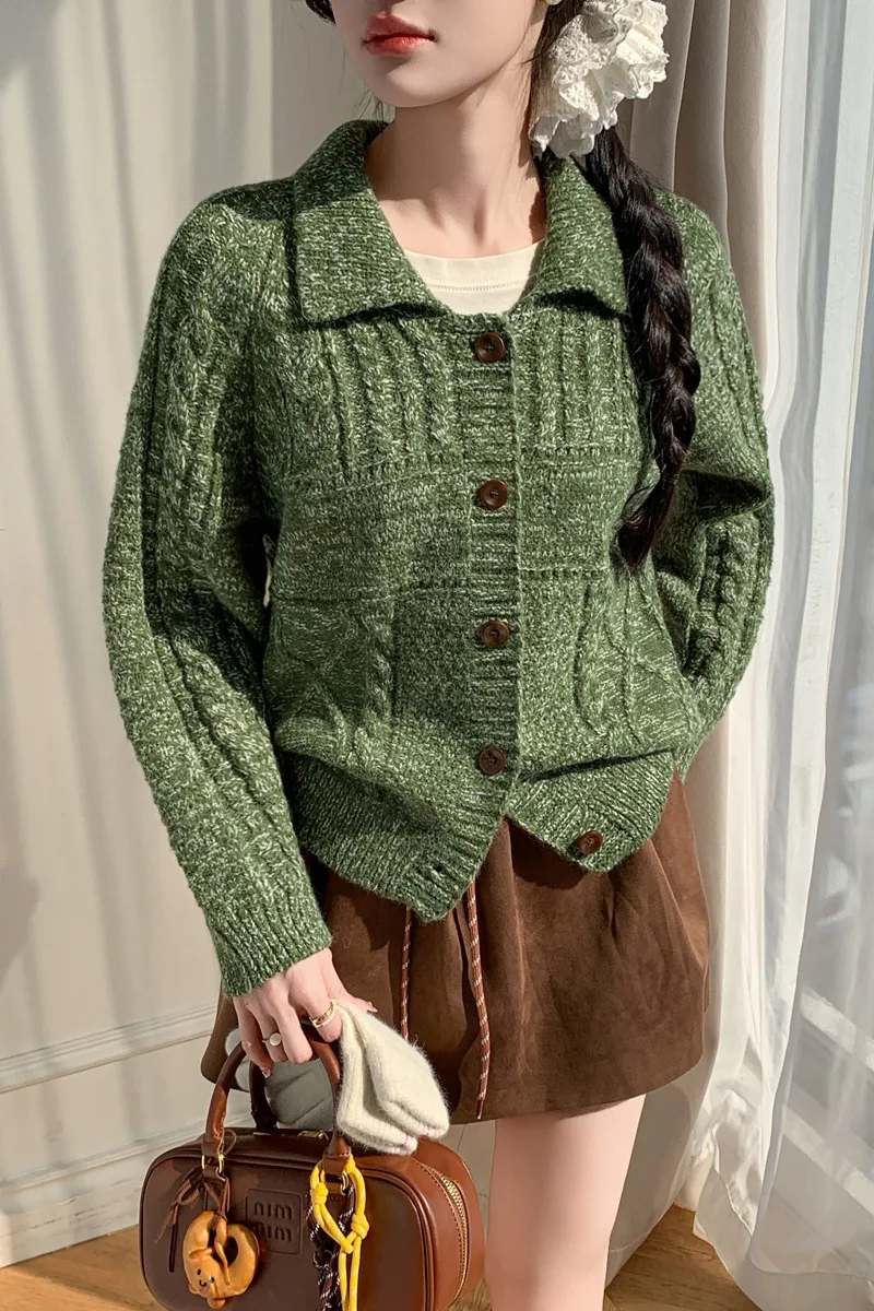 

Осень-зима, новый винтажный вязаный кардиган с лацканами, женские свободные свитера, топы, свитер каваи