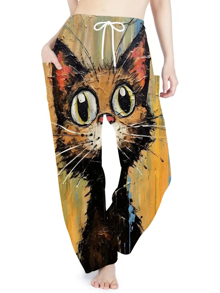 Summer Fall Ladies Bohemian Holiday Pants Bohemian Print Pants  Casual Fashion Avant-garde Card Fashion Pants Cat Print