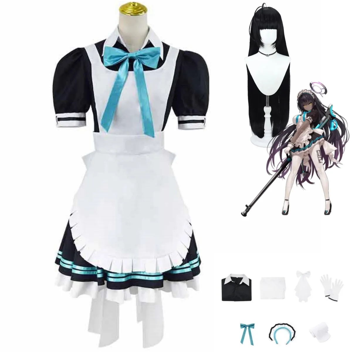 Game Blue Archive Kakudate Karin Cosplay Kostuum Zwart Wit Meid Jurk Lolita Pruik Vrouw Sexy Leuke Kerst Halloween Pak