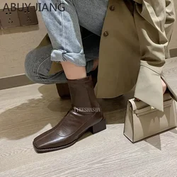 Autumn Winter Square Toe British Mid-heel Ankle Boots Brown Thick-heel Boots Women's Elastic Boots Booties Woman Boot Shoes High