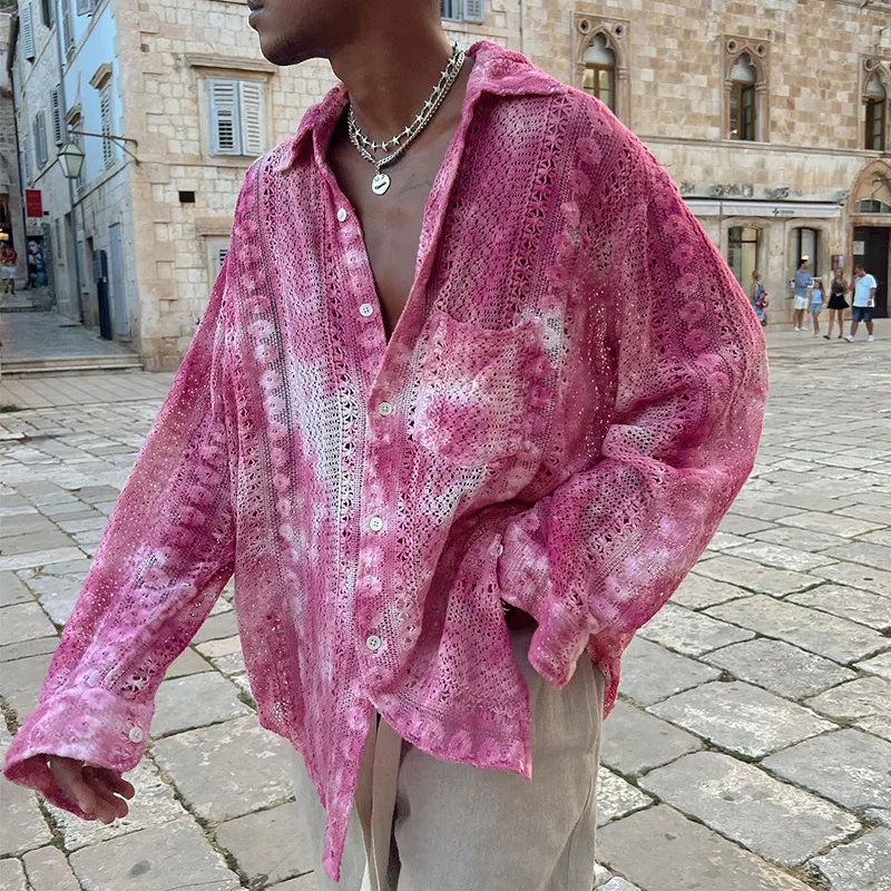 

Faionable Hollow Lace irt Men's Long Sve Floral Print Stand Fit Youthful Trendy Top for All Seasons