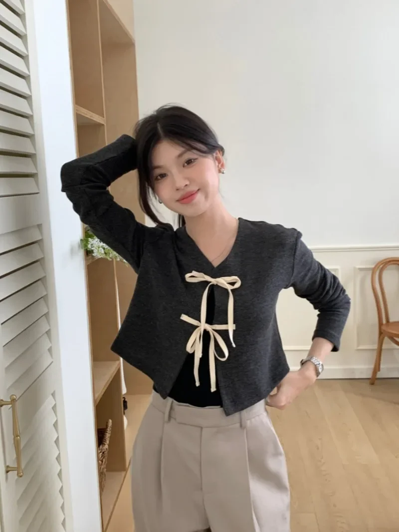 Komiyama V Neck Lace Up Bow Cardigans Femme Gentle Y2k Sweater Spring New Womens Clothing Full Sleeve Crop Knitwears Tops