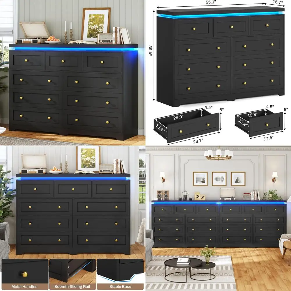 

contemporary 9-drawer bedroom dresser with 55.1" length and led lighting