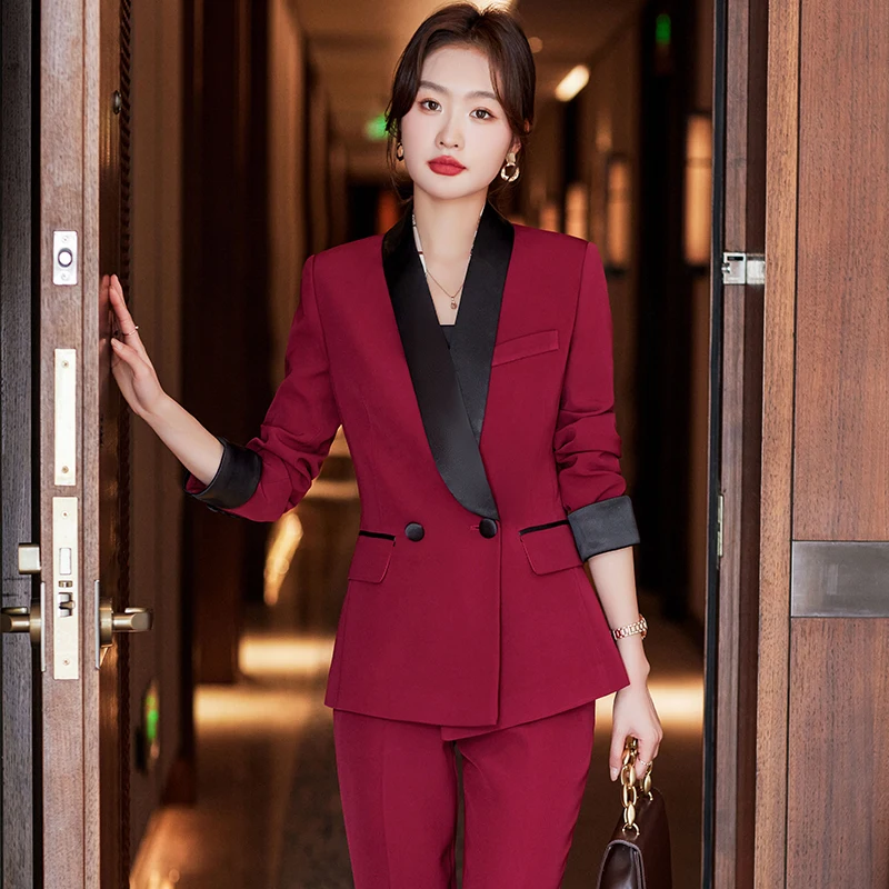 

Elegant Wine Formal Women Business Suits with Pants and Jackets Coat Ladies Office Work Wear Professional Pantsuits Trousers Set