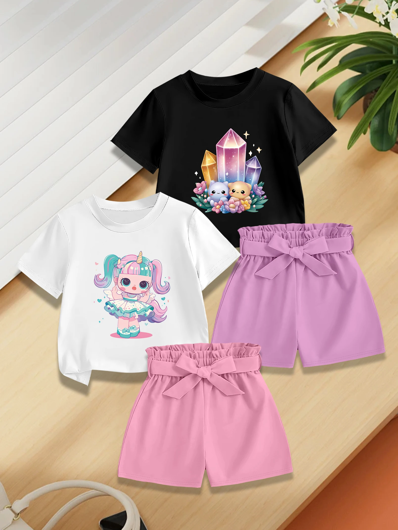 

Комплект из 4 предметов: милый наряд для девочек с принтом единорога и кошки, футболка с короткими рукавами + тканевые шорты с бантом, летний комплект.