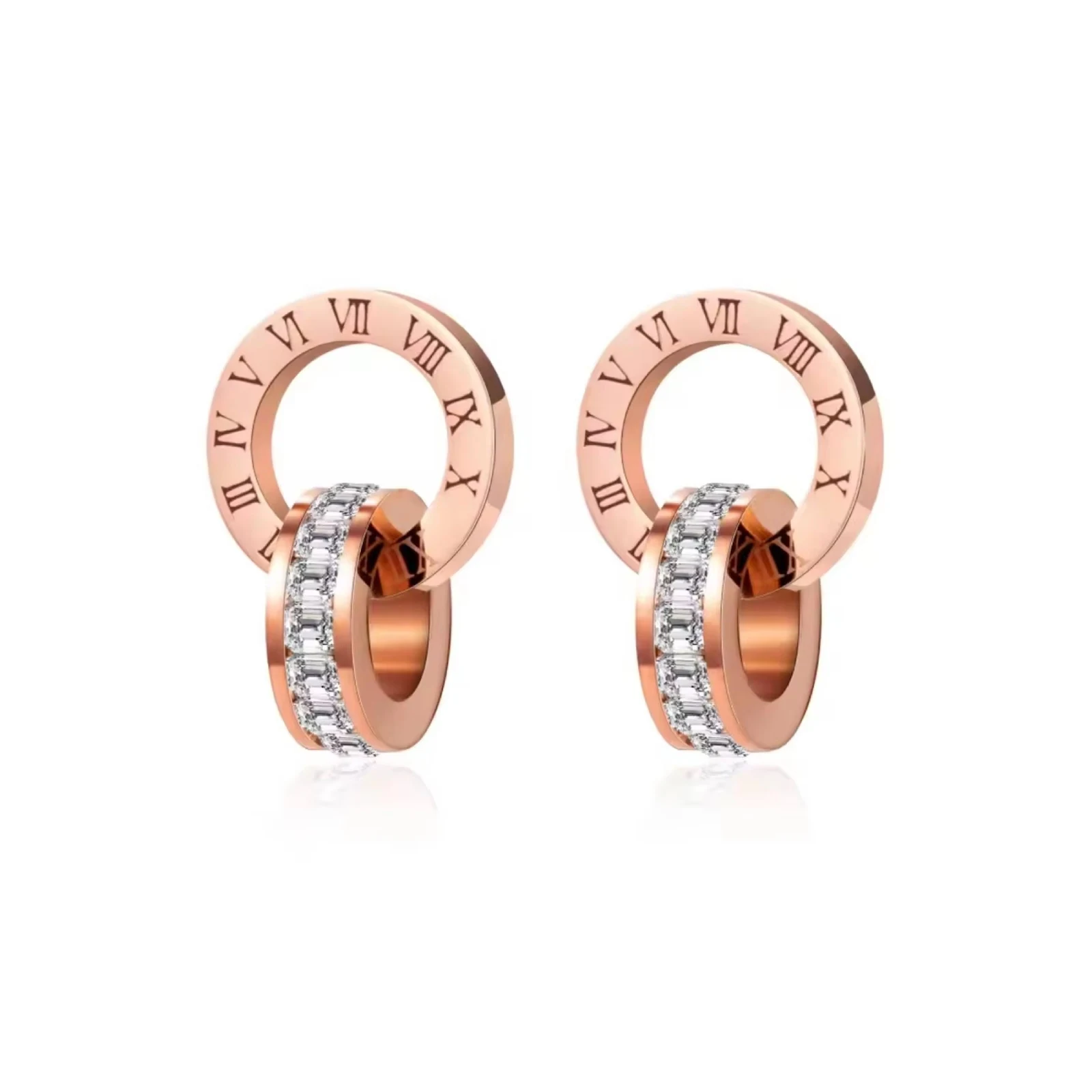 Römische Ziffern Doppelring Ohrstecker für Frauen Ineinandergreifende Kreisohrringe Edelstahl Modeschmuck Geschenk – Detail 2