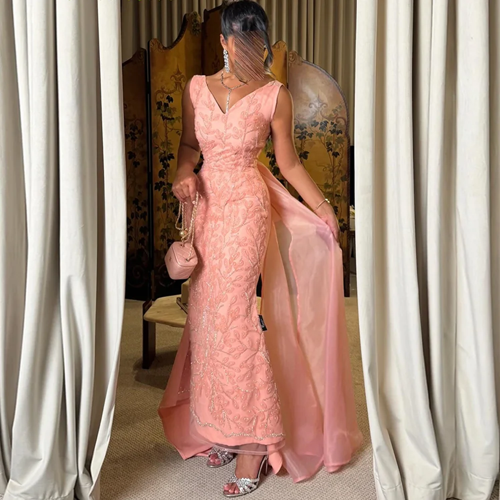 

Elegant Organza Evening Dress Modern V-Neck Sleeveless Backless Celebrity Gowns Glisten Beaded Customized Party Prom Dresses