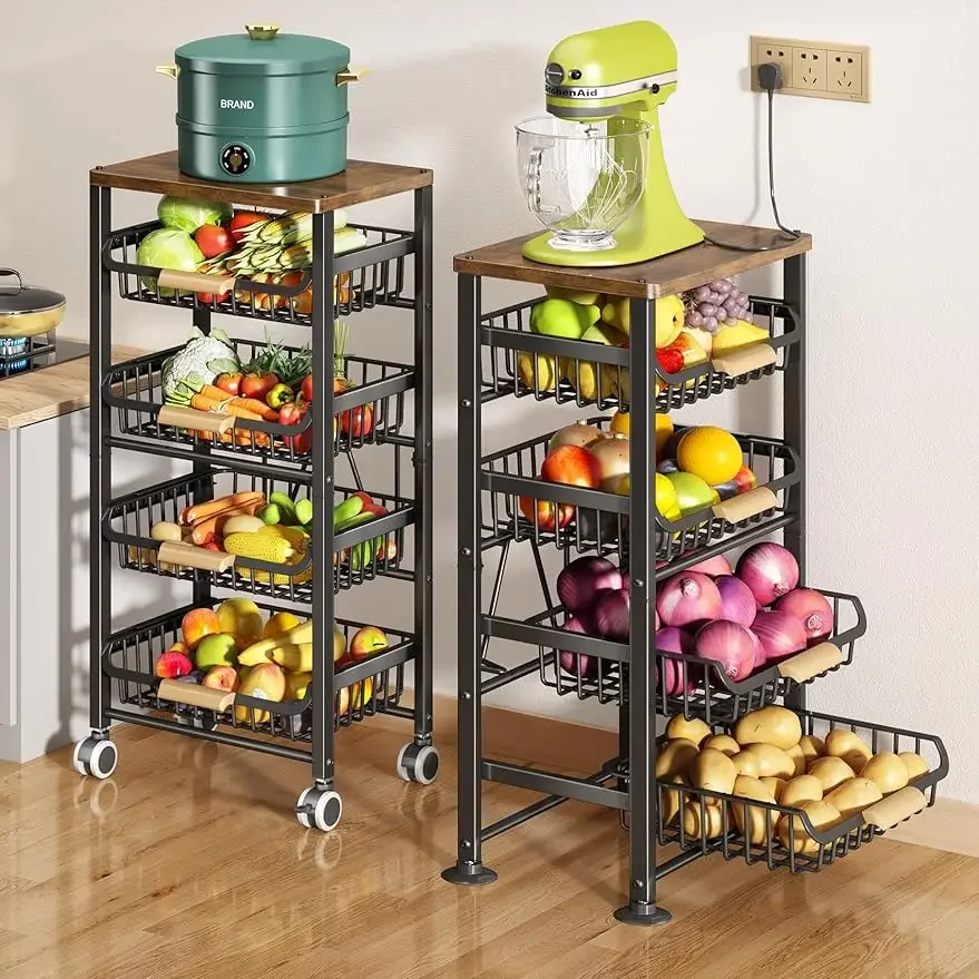 

Fruit Basket for Kitchen 5 Tier Large Pull-Out Wire Basket with Wood Top and Wheels Kitchen Storage Cart Black