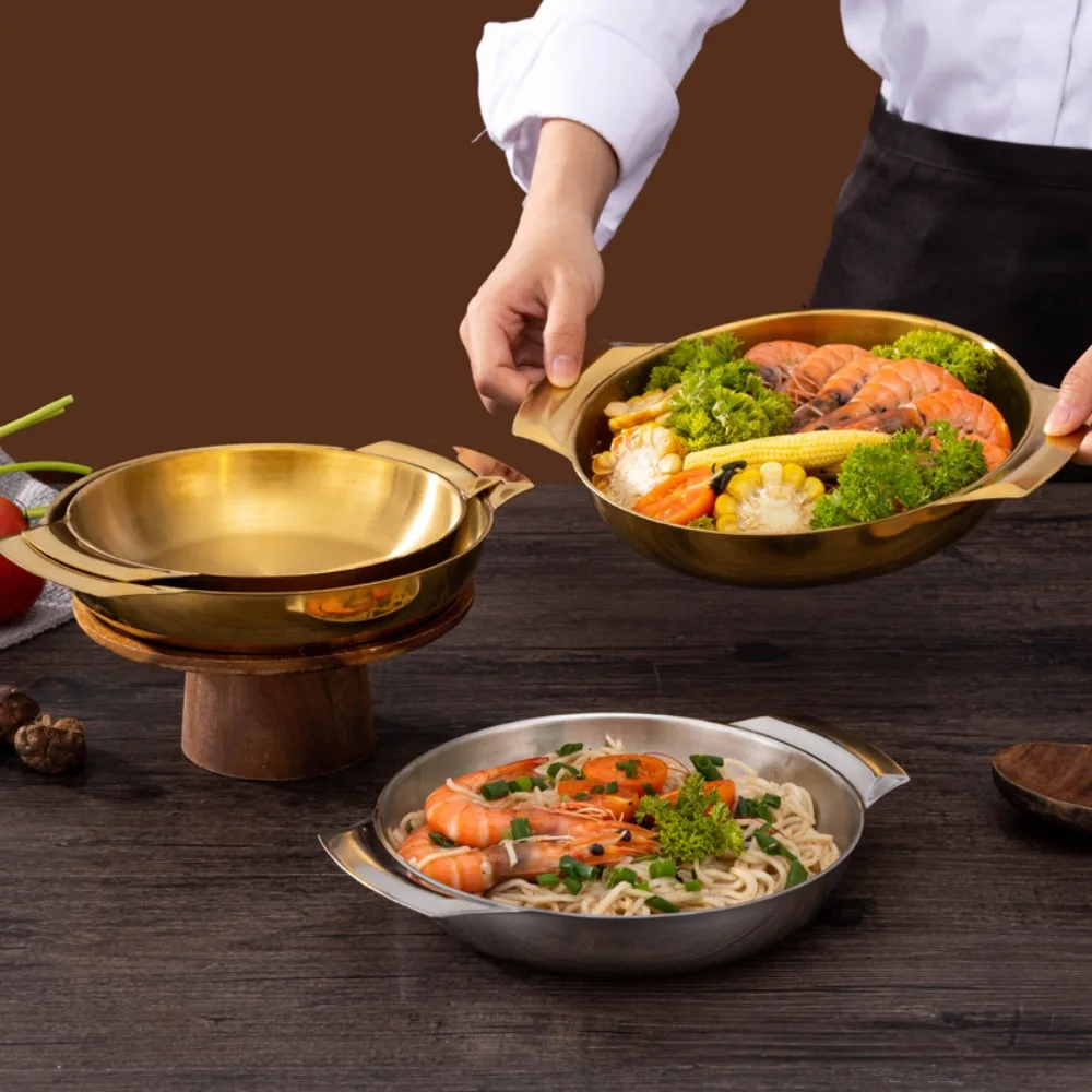 Paellera de Acero Inoxidable Estilo Coreano con Doble Asa, Olla Profunda para Cocinar, Cacerola Plateada/Dorada para Mariscos