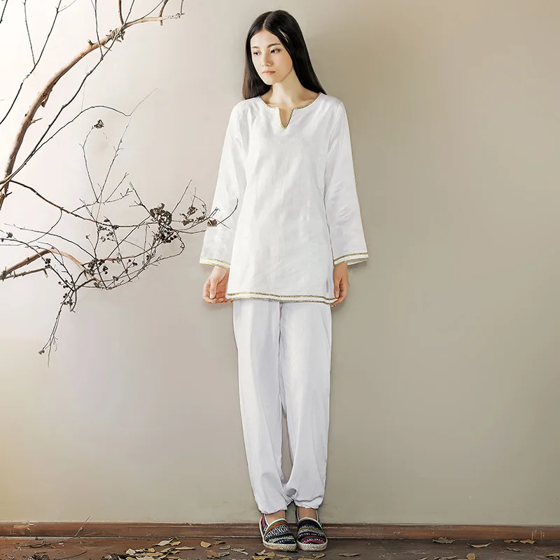 Zen/Yoga Practice uniform for Women - Loose-Fit Linen/Cotton Two-Piece White Buddhist Meditation Outfit,Wushu Kungfu Taiji set
