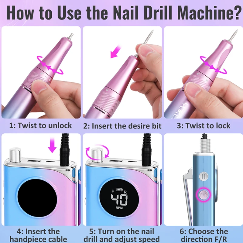 YOKEFELLOW 40000RPM Electric Nail Drill Machine With HD LCD Display Manicure Machine For Cutting Acrylic Nail Gel Polish Tools