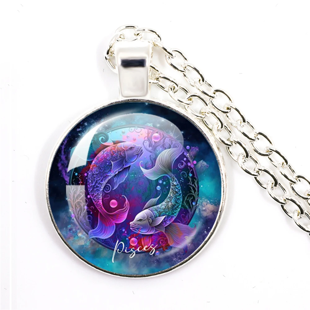 12 الأبراج قلادة السرطان ليو العذراء الميزان زودياك تسجيل الزجاج كابوشون قلادة طويلة قلادة صبي فتاة عيد ميلاد مجوهرات هدية