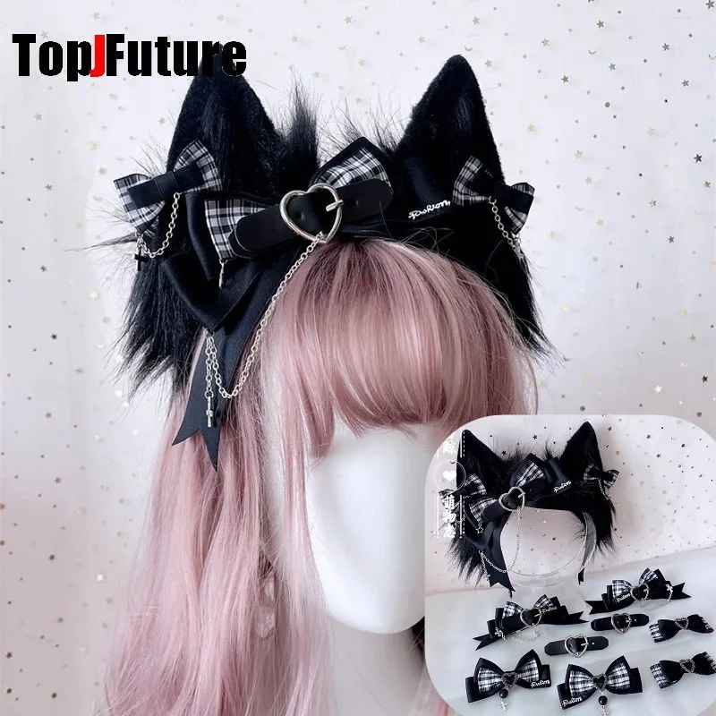 

Cat ears Gothic Women Subculture JK Punk Y2K girl Harajuku Bow check leather button Hairpin Hair clip headband Edge clamp