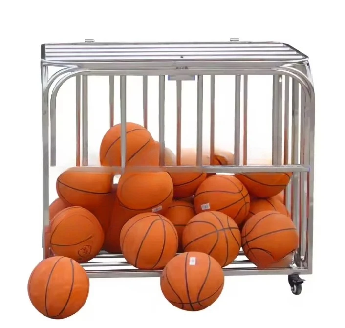 Hand push stainless steel folding storage rack basketball rack outdoor sports mobile trolley with volleyball