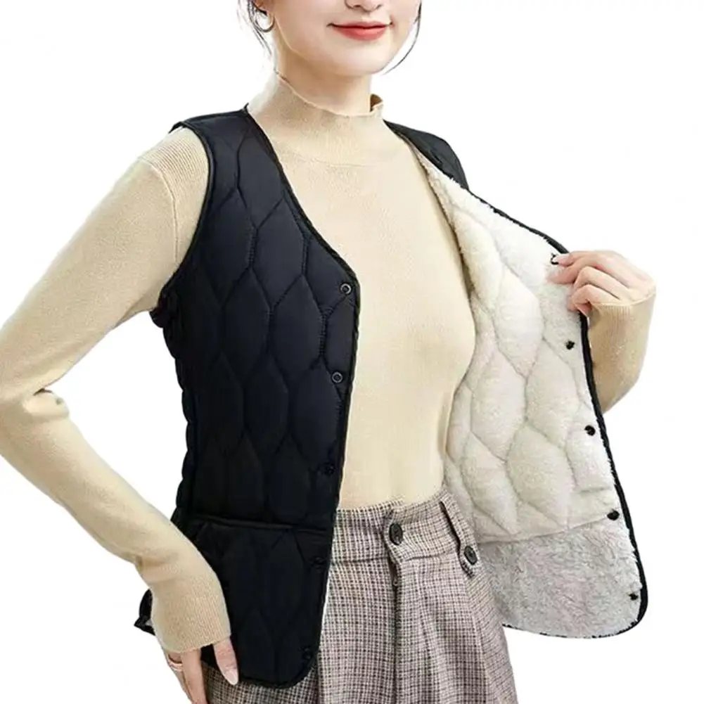 Women Lightweight Coat Stylish Plus Size Women's Winter Vest Warm Windproof Coat with Pockets Plush Padding Single-breasted