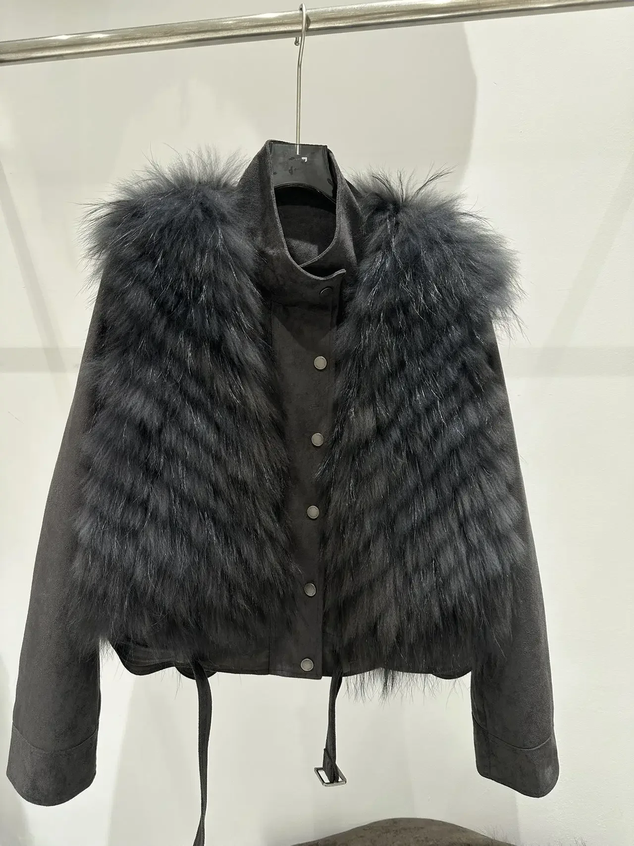 OFTBUY Daunenjacke, Winterjacke, warm, mit Stehkragen, modisch, dick gefüttert, Oberbekleidung, Wildledermantel mit abnehmbarer Weste aus echtem Fuchspelz – Detail 7