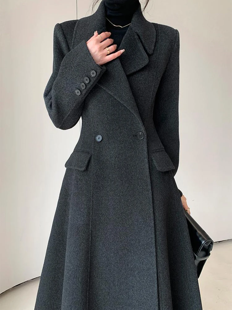 2024 Double-sided Wool Coat Women Autumn-Winter New Solid Color Lapel Lace-up Pockets Mid-length Jacket Slim Outerwear