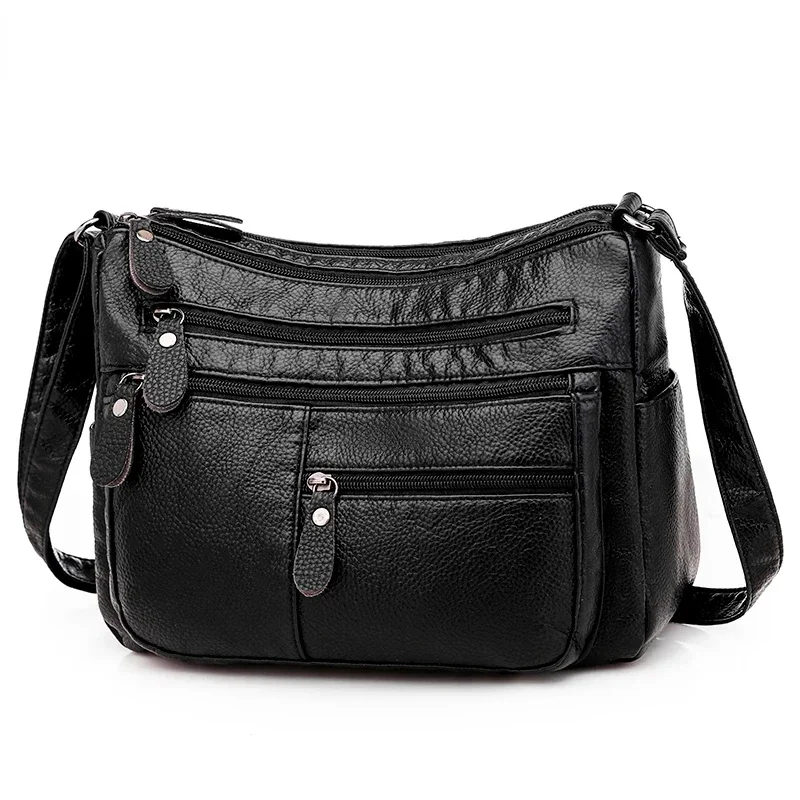 Women Washed Soft Leather Shoulder Bag Casual Crossbody Bag for Female Multi-pocket  Handbag Messenger Bags