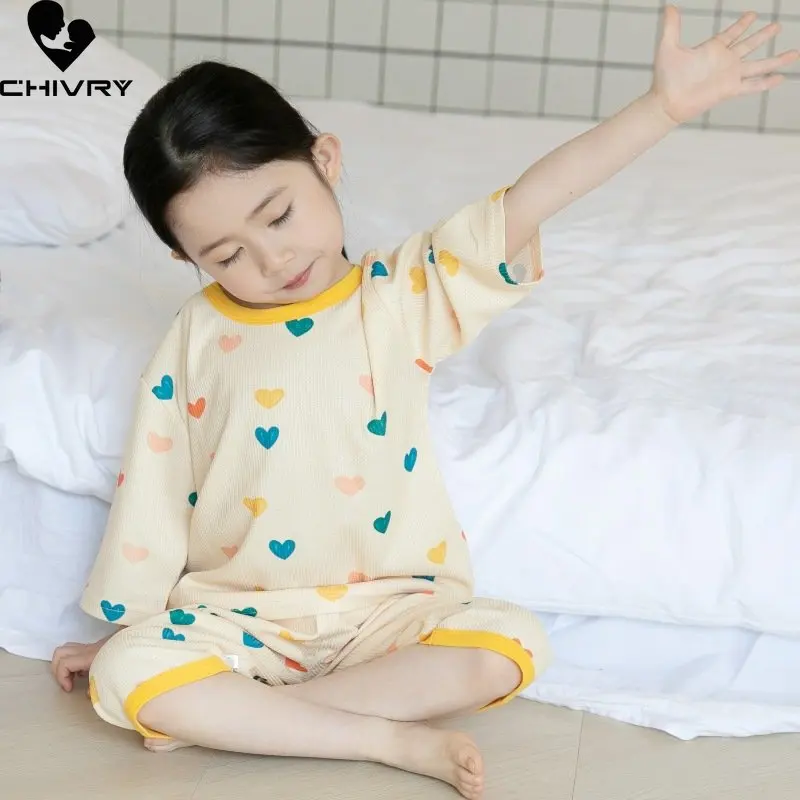 New Kids Boys Girls Summer Thin Pajamas Clothes Sets Cartoon Three-quarter Sleeve T-Shirt Tops with Pants Baby Boy Sleepwear