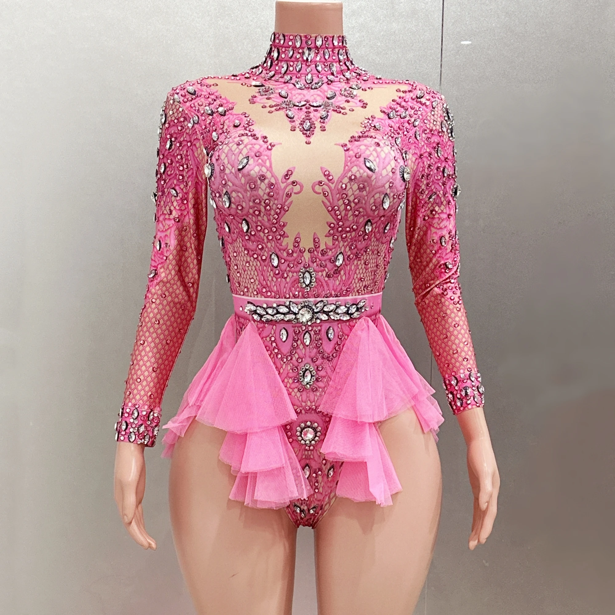 Sparkly Rhinestones Women Long Sleeve Sexy Bodycon Bodysuit High Stretch Performance Costume Stage Wear Photoshoot Bodysuit