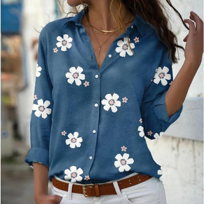 Women\'s Long Sleeved V Neck Button Tops Casual Printed Flowers T-Shirt Autumn Spring Blouse