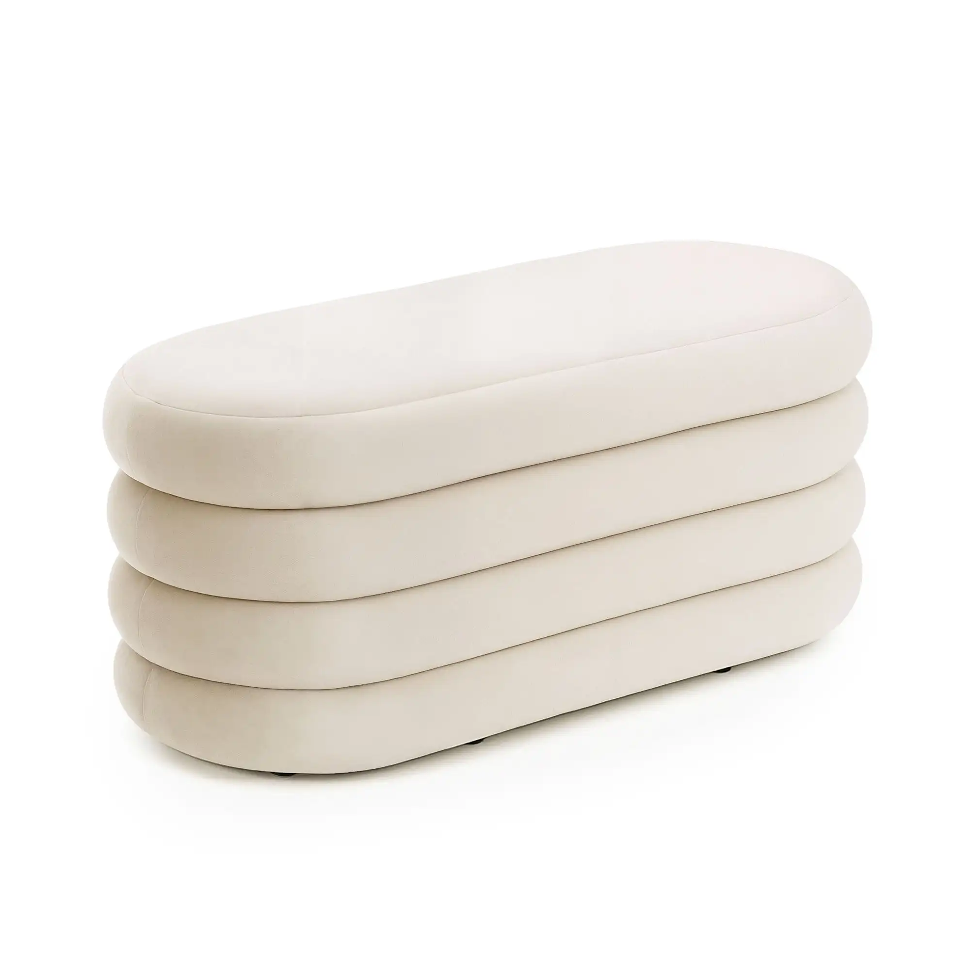 Pouf en velours crème PUFFO de 100 cm, banc de rangement ouvert