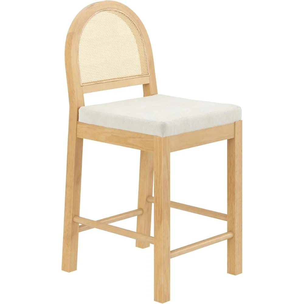 Bar Stool ,Upholstered Rattan in Oak Finish Frame,Counter Height Stools w/ Natural Rattan Woven Back For Kitchen Island