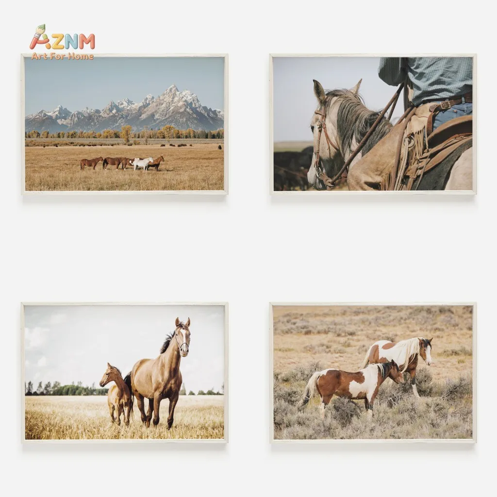 AZNM Western Wild Animal Canvas Wall Art,Bison Horse Elk Cowboy Mountain Prairie Nature Photography Unframed Canvas Poster for L