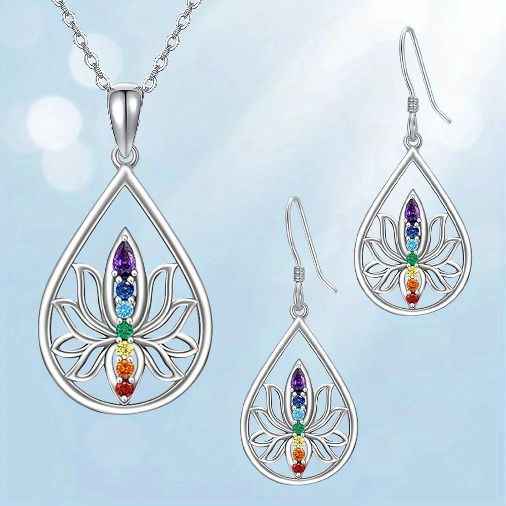 3pcs Classic Seven Chakra Lotus Waterdrop Shaped Earrings Necklace Set Birthday Christmas Gifts Anniversary Party Gifts, Jewelry