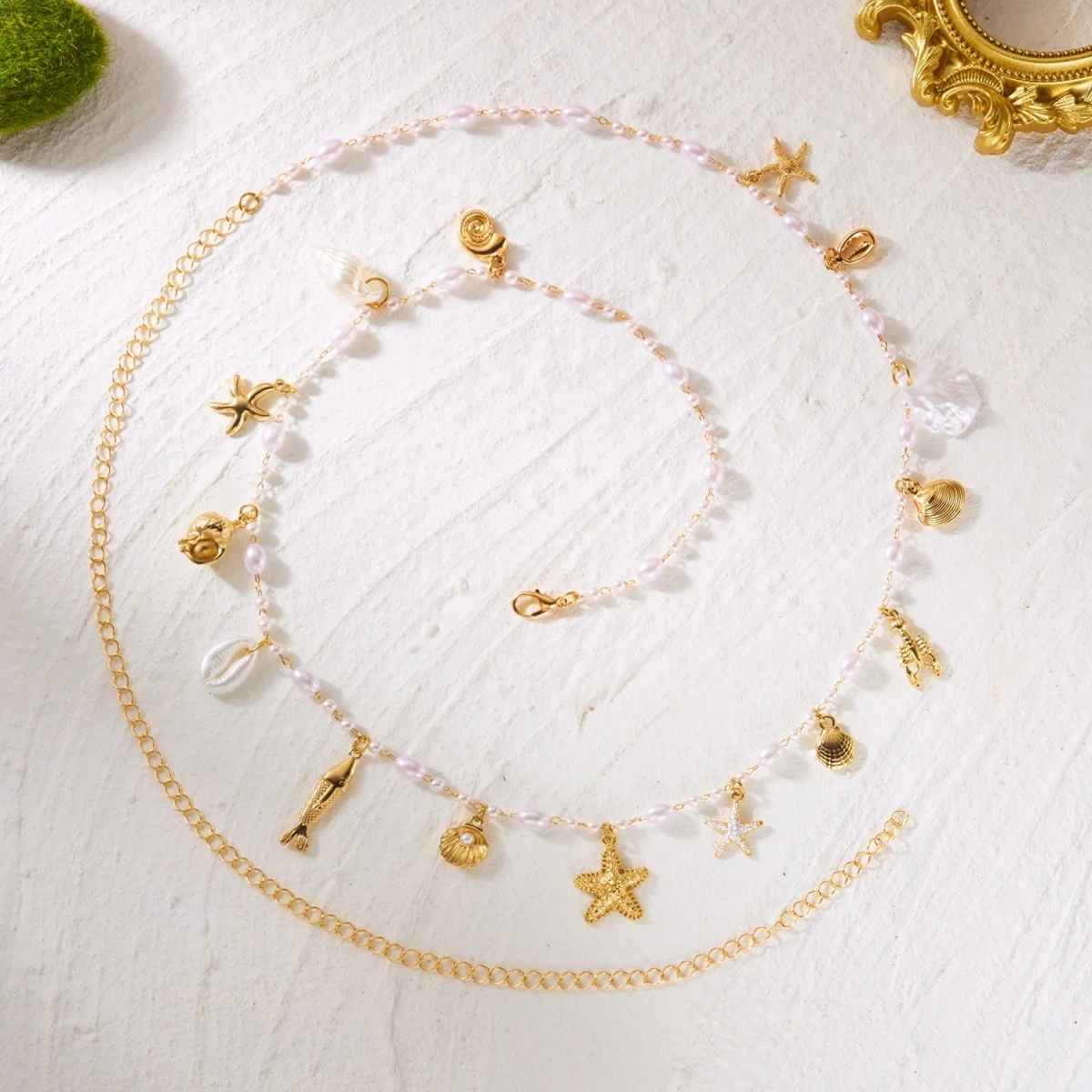 Boho Seestern Fisch Hummer Muschel Quaste Taillenkette für Damen und Herren, zierliche Sommer-Körperschmuckkette mit Imitationsperlen – Detail 19