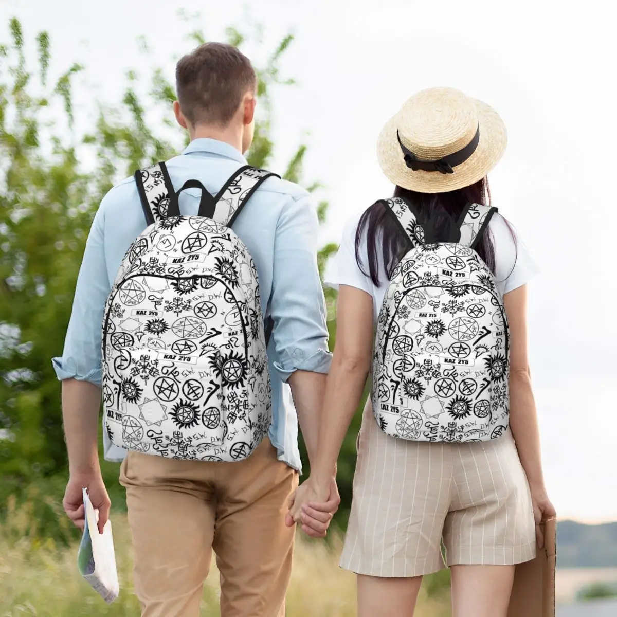 Mochila informal con símbolos supernaturales para hombres y mujeres, bolso de hombro universitario con bolsillo para escuela secundaria, senderismo, viaje, día