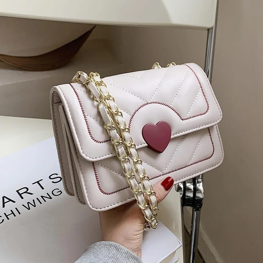 Cute Shoulder Bag Women Kawaii Heart Quilted Bag With Chain Female Luxury Designer Handbag PU Leather Crossbody Pouch Wallet