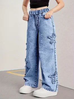 Girl's Denim Pants, Y2K Five-Star Patch Embroidery Pattern Straight-Leg Denim Pants, Holiday-Style Pants 4