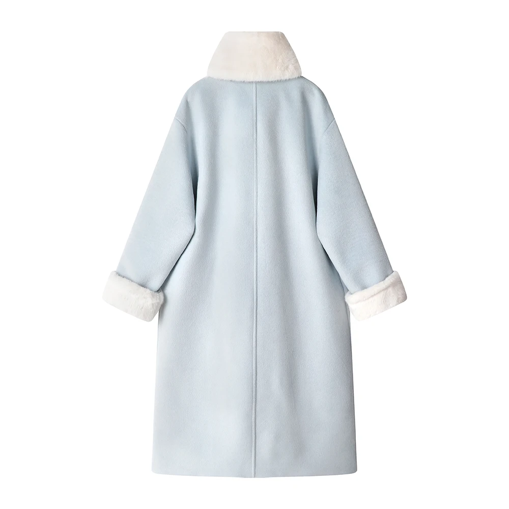 معطف نسائي طويل من الصوف بياقة من الفرو قابلة للفصل سترة شتوية دافئة مبطنة بالصوف سترة شتوية فضفاضة مناسبة 2025 #2