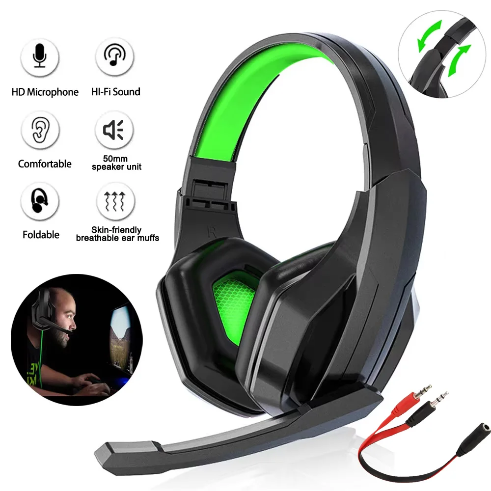 Dual 3.5mm Wired Gaming Headphones For PS4 PS5 PC Laptop Foldable Game Headset With Mic Noise Cancelling Earphone Volume Control