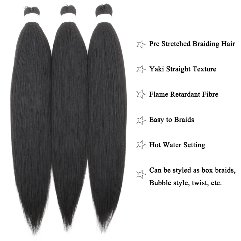 Synthetic Pre stretched Braiding Hair 26inch 90g Black Low Temperature Flame Retardant Fibre Crochet Yaki Braids Hair 3 Packs