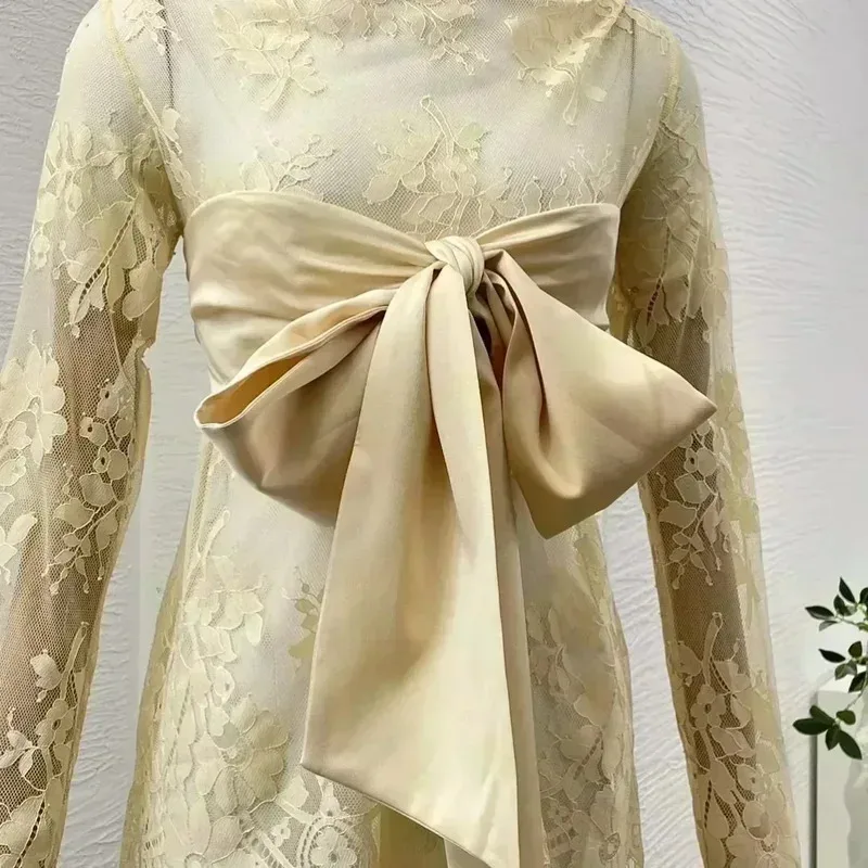 Nuevo Blusa Vintage de encaje con lazo ceñido al cuerpo de manga larga sin espalda transparente para mujer Topsparty