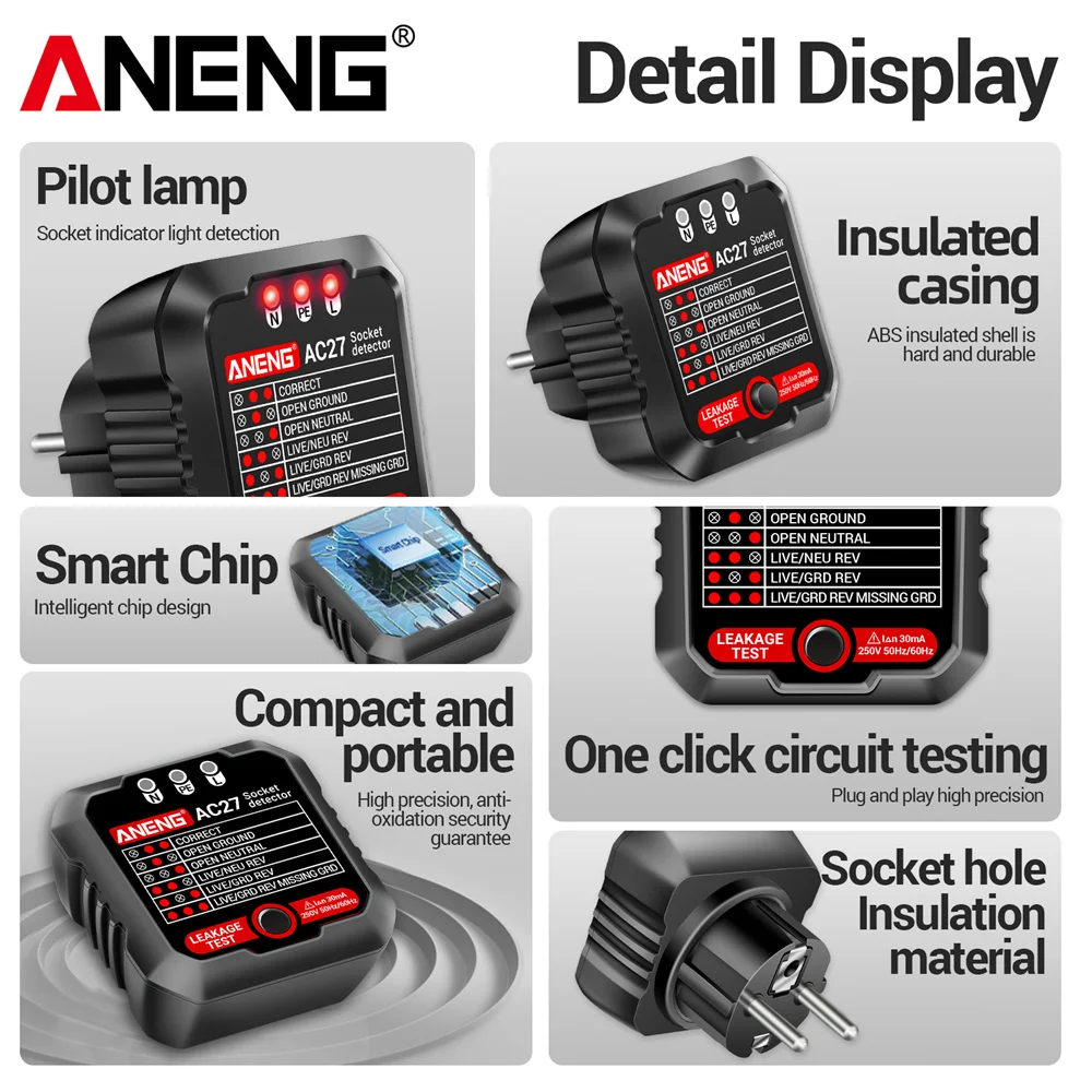 Socket Tester Intelligence ANENG AC27 Voltage Socket Detector Ground Zero Line Polarity Phase Check Circuit Checker  EU/US Plug