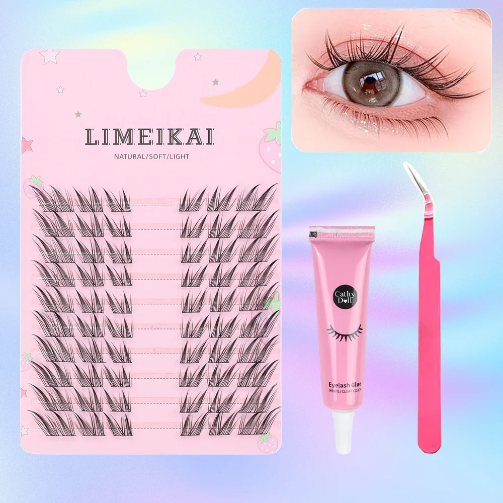 自然な見た目のアニメ風つけまつげ DIYまつげエクステセット+まつげ接着剤+まつげクリップ -60束、9-14mm、Cカール